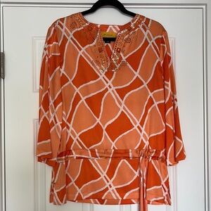 St. John Orange Graphic Tie Front Blouse